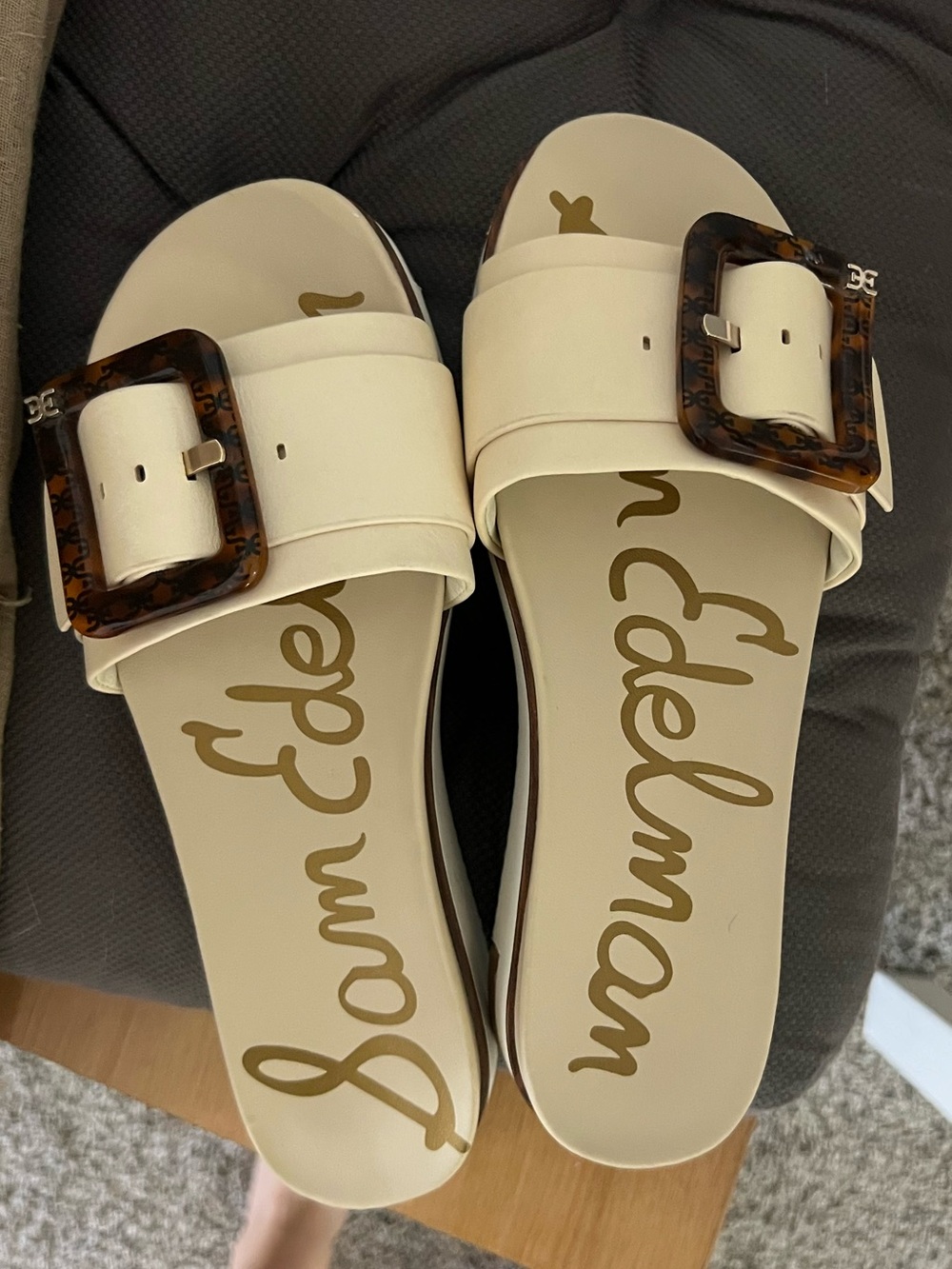 Sam Edelman Ariane Ivory Platform Slide Sandals with Tortoiseshell Buckles
